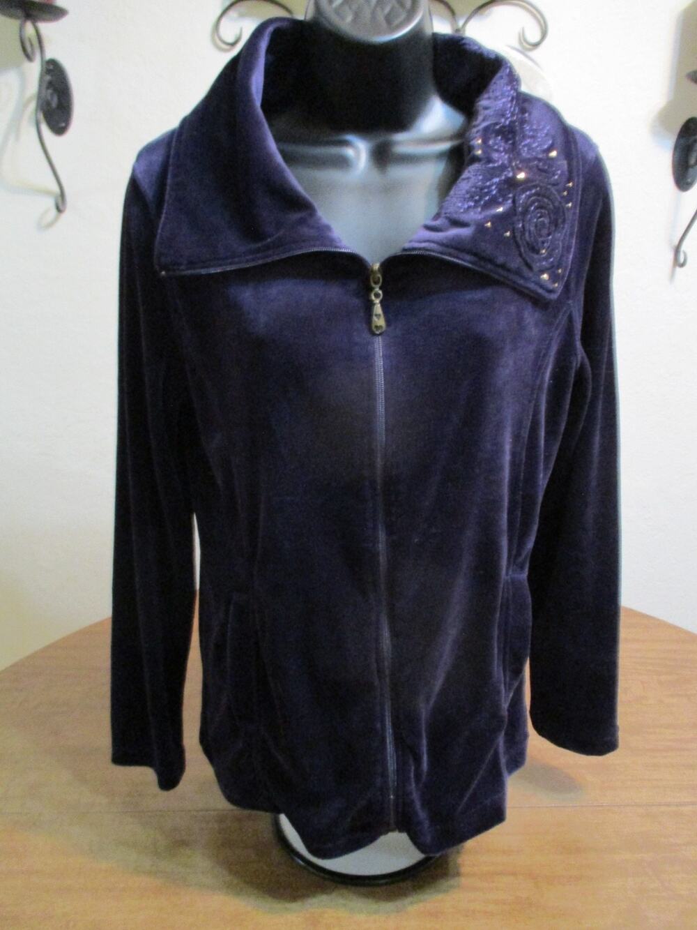 VINTAGE BRAND COTTON WOMENS VELOUR FLEECE ZIPPER JACKET PURPLE SIZE SMALL